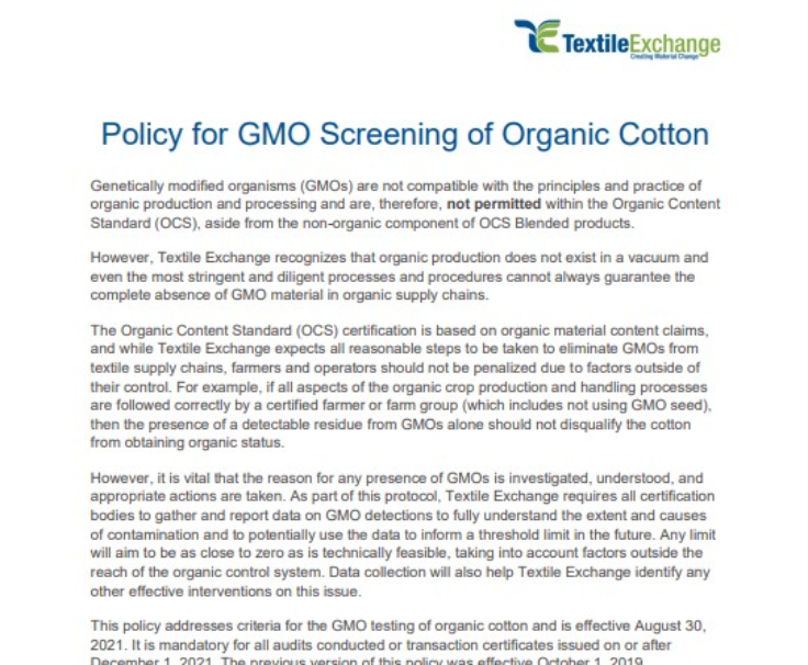 OCS-103 Policy for GMO Screening of Organic Cotton - Textile Exchange