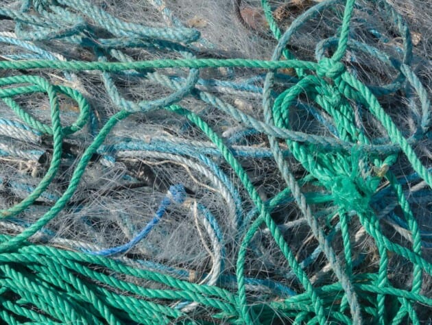 blue and green nylon ropes in a pile.